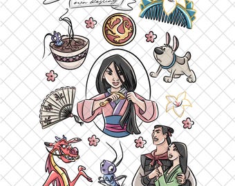 Magical Mulan Princess PNG Doodle: Cartoon Kingdom Digital Paper (12x12 inches)