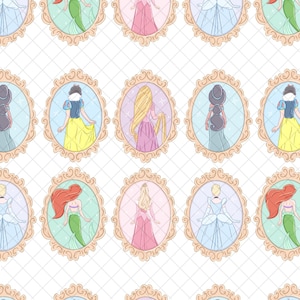 May include: A repeating pattern featuring cartoon illustrations of princesses in ornate, gold-colored oval frames. The princesses are depicted in various gowns and dresses, with a white background and a subtle grid pattern.