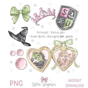 May include: A collection of whimsical illustrations featuring a green bow, pink crown, a school crest, a witch's hat, pink orbs, and heart-shaped lockets with portraits. Text includes "Because I knew you I have been changed for good."