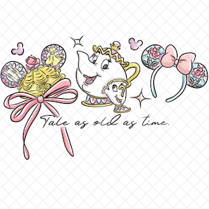 May include: Illustration of Beauty and the Beast-themed accessories. Includes a yellow and pink bow, a teapot, a teacup, and two sets of mouse ear headbands. The text "Tale as old as time" is written below the accessories.