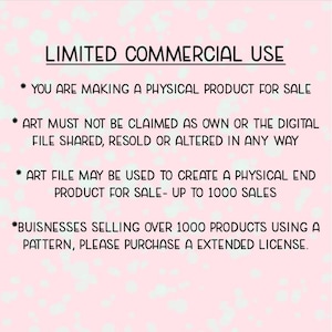 May include: A pink background with a pattern of small white shapes. The text "LIMITED COMMERCIAL USE" is at the top. Below are bullet points with usage guidelines for physical products, digital files, and sales limits.