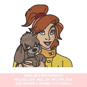 Puede incluir: Diseño bordado de una mujer pelirroja sosteniendo un perro marrón pequeño. La mujer lleva una chaqueta amarilla. El diseño está disponible en 8 formatos y mide 200 mm x 200 mm.