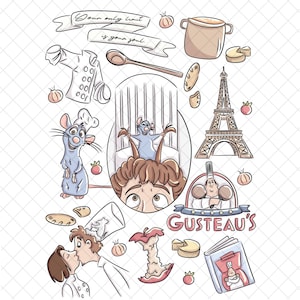 May include: A cartoon illustration with a culinary theme. It features a chef's coat, Eiffel Tower, a cartoon rat, and the text "GUSTEAU'S". The phrase "Your only limit is your soul" is also included in the image.