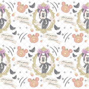 May include: A repeating pattern featuring a cartoon character in a skeleton costume, framed in a gold ornate frame. The design includes jack-o'-lanterns, bats, candy corn, and the text "Not so spooky Halloween" on banners, all on a white background.