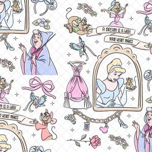 Puede incluir: Patrón repetitivo con ilustraciones de Cenicienta. El diseño incluye imágenes de Cenicienta, ratones, un vestido rosa, un hada madrina y el texto "A dream is a wish your heart makes". La paleta de colores es de tonos pastel suaves.