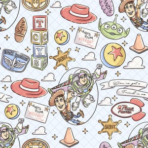Könnte beinhalten: Ein sich wiederholendes Muster mit Zeichentrickfiguren und Elementen aus dem Film Toy Story. Das Design umfasst Woody, Buzz Lightyear, einen grünen Alien, Sheriff-Abzeichen und den Text "Andy's Room Keep Out".