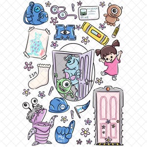 May include: A collection of cartoon illustrations featuring characters and elements from the movie "Monsters, Inc." Includes a blue backpack, glasses, a name tag, a one-eyed monster, a drawing, a sock, a door, and the characters Sully, Mike, and Boo.