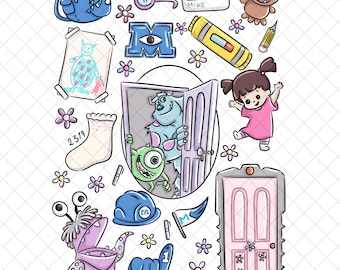 Magical Monsters PNG Doodle: Monsters Inc , University Cartoon, Digital Paper (12x12 inches)