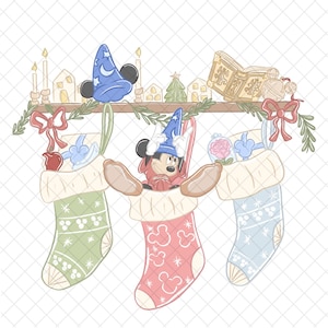 May include: A festive illustration featuring Mickey Mouse in a sorcerer's outfit emerging from a Christmas stocking. The image includes three stockings, a shelf with candles, and a Christmas tree. The stockings are in pastel colours with Mickey Mouse designs.