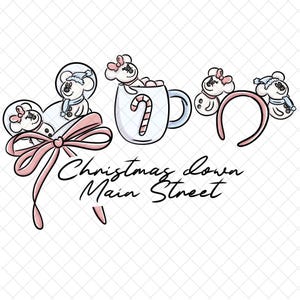May include: A whimsical Christmas-themed illustration featuring mouse-shaped characters with winter accessories. A pink bow, a mug with a candy cane, and a headband are also included. The text "Christmas down Main Street" is written in cursive.