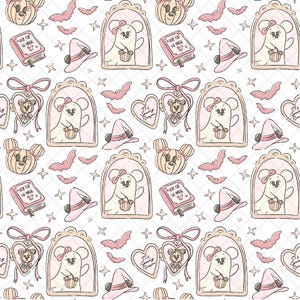 May include: A repeating pattern featuring Halloween-themed illustrations. The design includes a ghost mouse holding a pumpkin, witch hats, bats, books with the text "Here for the Magic", and heart-shaped pendants. The color palette is soft pink, beige, and white.