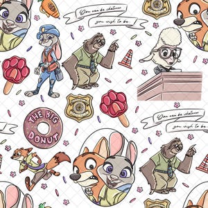 Könnte beinhalten: Ein sich wiederholendes Muster mit Charakteren aus dem Animationsfilm Zoomania. Das Design umfasst Judy Hopps, Nick Wilde, Flash und andere Elemente wie Polizeimarken, pfotenförmige Eis am Stiel und den Text "You can be whatever you wish to be."