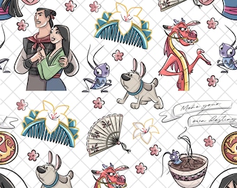 Mulan Princess White Seamless Pattern: Sorcerer Doodle Digital Paper (PNG File)