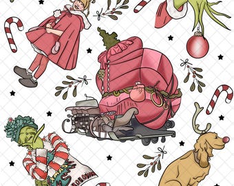 Grinch Doodle Art Seamless Muster: Stoffdesign (Digitaler Download, 12x12 PNG)