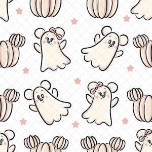May include: A repeating pattern featuring cartoon ghosts with mouse-like ears and pink bows, interspersed with pink stars and pumpkin-shaped designs. The ghosts have smiling faces and are outlined in black on a white, grid-patterned background.