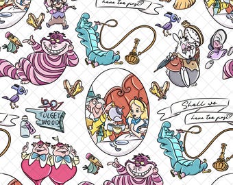 Patrón transparente sin costuras de Alicia en el País de las Maravillas: Papel digital del Reino Mágico (archivo PNG de 12x12 pulgadas)