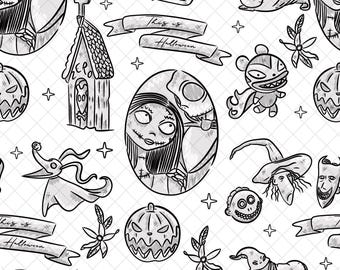 Nightmare Christmas Seamless Pattern: Halloween Doodle Digital Paper (12x12 inches PNG File)