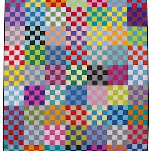 May include: A colorful quilt with a checkered pattern in various shades of red, blue, green, yellow, pink, purple, and black.