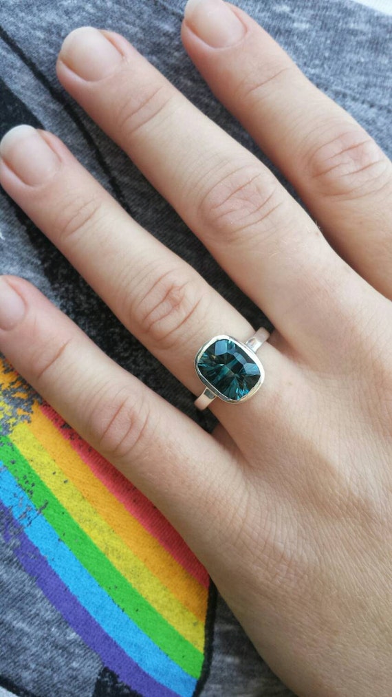 1.70 Carat Cushion Cut Blue Topaz and Diamond Ring in 14K White Gold