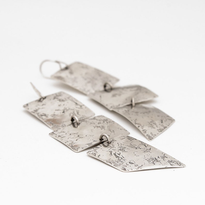 Southwest Distressed Minimalist Rectangle Geometric Design Emissary Earrings Three Tiered Textured Sterling Silver
