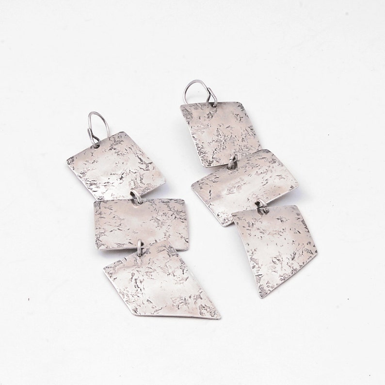 Southwest Distressed Minimalist Rectangle Geometric Design Emissary Earrings Three Tiered Textured Sterling Silver