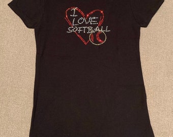 Girl’s Rhinestone I Love Softball T-Shirt - New