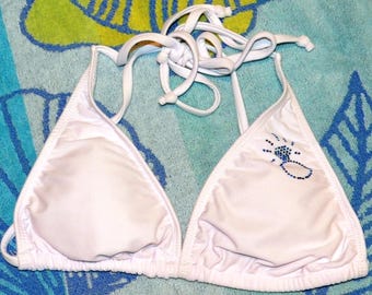 CLEARANCE - MEDIUM Brazilian Cut White Rhinestone Bikini Top with Bling Ring