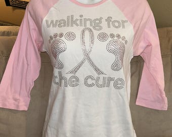 Woman's "Walking for the Cure" Rhinestone FITTEDT-Shirt ~ Size LARGE ~ Cancer