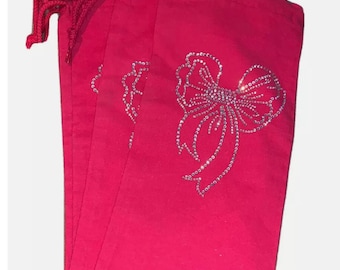 Four (4) Rhinestones Christmas Bow Wine Bags - New - Port & Company - Cotton