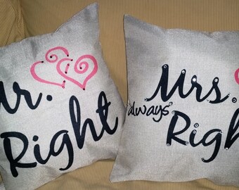 Mr. Right and Mrs. Always Right Pillow Covers Embellished w/ Swarovski Crystal -Stuffed or Just Cover- Wedding, Anniversary, Bridal Shower