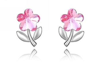 Cute Pink Flower Swarovski Crystal Earrings for Flower Girl - Comes with Pouch