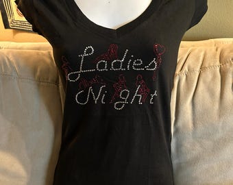 Woman's "Ladies Night" Rhinestone V-Neck T-Shirt ~ Size SMALL