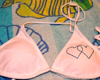CLEARANCE - 1 MEDIUM or 1 LARGE Brazilian Cut White Rhinestone Bikini Top with double hearts