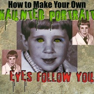 Puede incluir: Una foto de estilo vintage de un niño pequeño con ojos verdes que parecen seguir al espectador. La imagen se titula "Retrato Embrujado" y el texto "Los ojos te siguen" está debajo de la foto. El fondo es una pared verde texturizada.