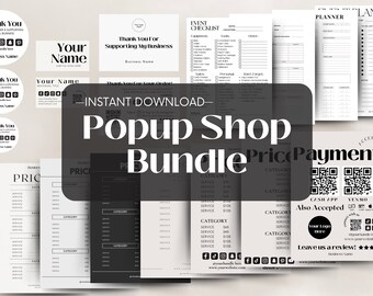 Puede incluir: Un paquete imprimible en blanco y negro para una tienda emergente. El paquete incluye listas de precios, una lista de precios y pago, una lista de verificación de eventos y pegatinas de agradecimiento. El texto "Descarga instantánea - Paquete de tienda emergente Precio Pago" está en letras blancas grandes sobre un fondo negro.