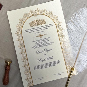 A4 Luxus Nikkah-Zertifikat mit Federstift und Goldrahmen | Nikkah Nama | Nikkah Vertrag | Islamischer Ehevertrag