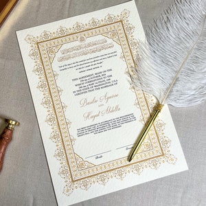A4 Luxus Nikkah-Zertifikat mit Federstift und Goldrahmen | Nikkah Nama | Nikkah Vertrag | Islamischer Ehevertrag