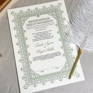 Certificado Nikkah de lujo tamaño A4 con pluma y marco dorado / Nikkah Nama / Contrato Nikkah / Contrato de matrimonio islámico