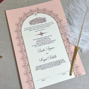Certificado Nikkah de lujo tamaño A4 con pluma y marco dorado / Nikkah Nama / Contrato Nikkah / Contrato de matrimonio islámico