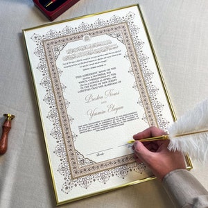 Certificado Nikkah de lujo A3 con pluma y marco dorado / Nikkah Nama / Contrato Nikkah / Contrato de matrimonio islámico