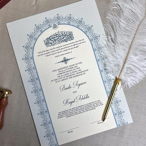 Certificado Nikkah de lujo tamaño A4 con pluma y marco dorado / Nikkah Nama / Contrato Nikkah / Contrato de matrimonio islámico