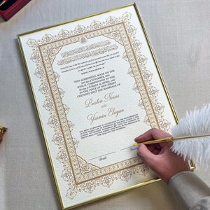 A3 Gold Luxus Nikkah-Zertifikat mit Federstift und Goldrahmen | Nikkah Nama | Nikkah Vertrag | Islamischer Ehevertrag