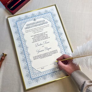 Certificado Nikkah de lujo azul A3 con pluma y marco dorado / Nikkah Nama / Contrato Nikkah / Contrato de matrimonio islámico
