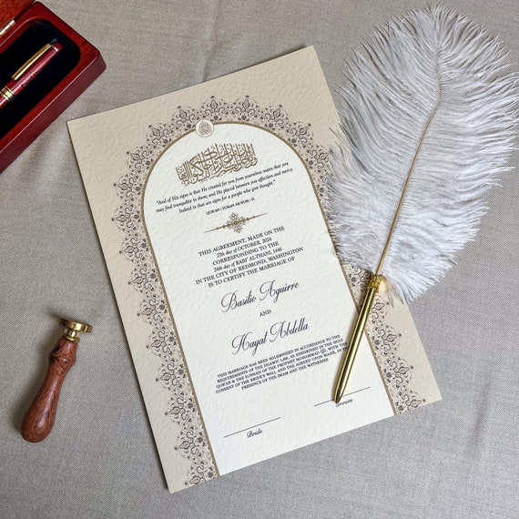 Luxury A4 Nikkah Certificate with Golden frame and Feather Pen: Personalized Islamic Marriage Contract