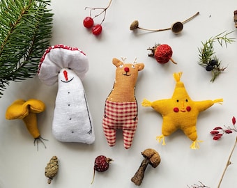 Linen Ornaments, Handmade Fabric Christmas Tree Decorations, Unique Rustic Holiday DecorHandmade Christmas Decor Set of Christmas ornaments