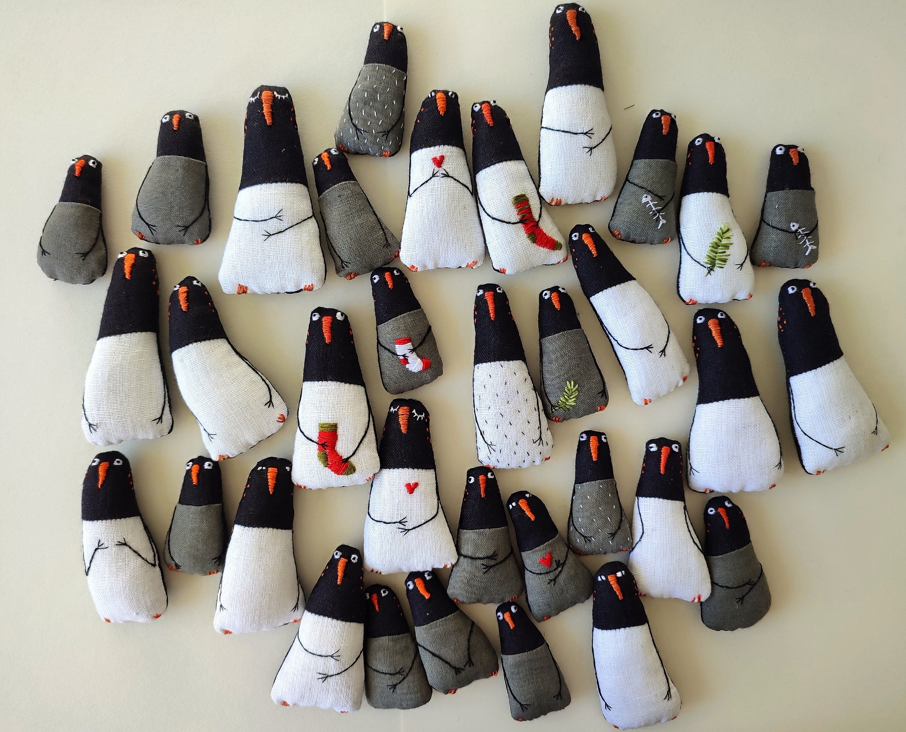 A set of 5 ornaments. 5 penguins chosen at random. Penguin. Christmas ornaments. Tags