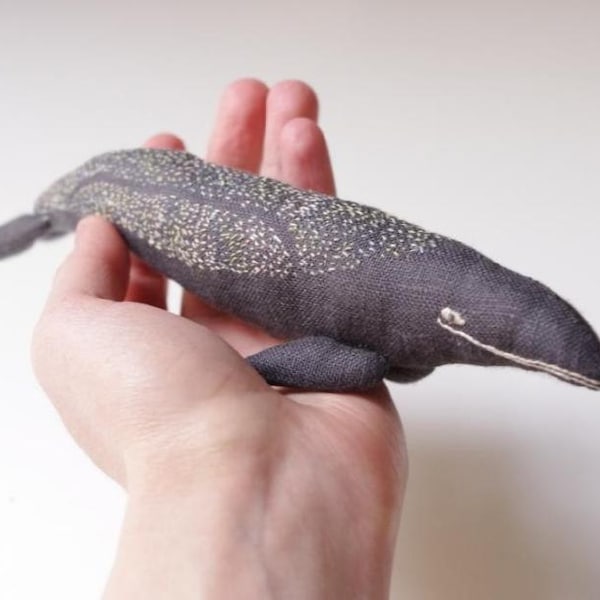 Gray linen whale/ soft sculpture.