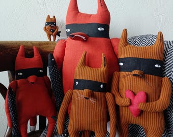 Handmade  Linen Fox, Bandit fox, Ready to ship, home decor