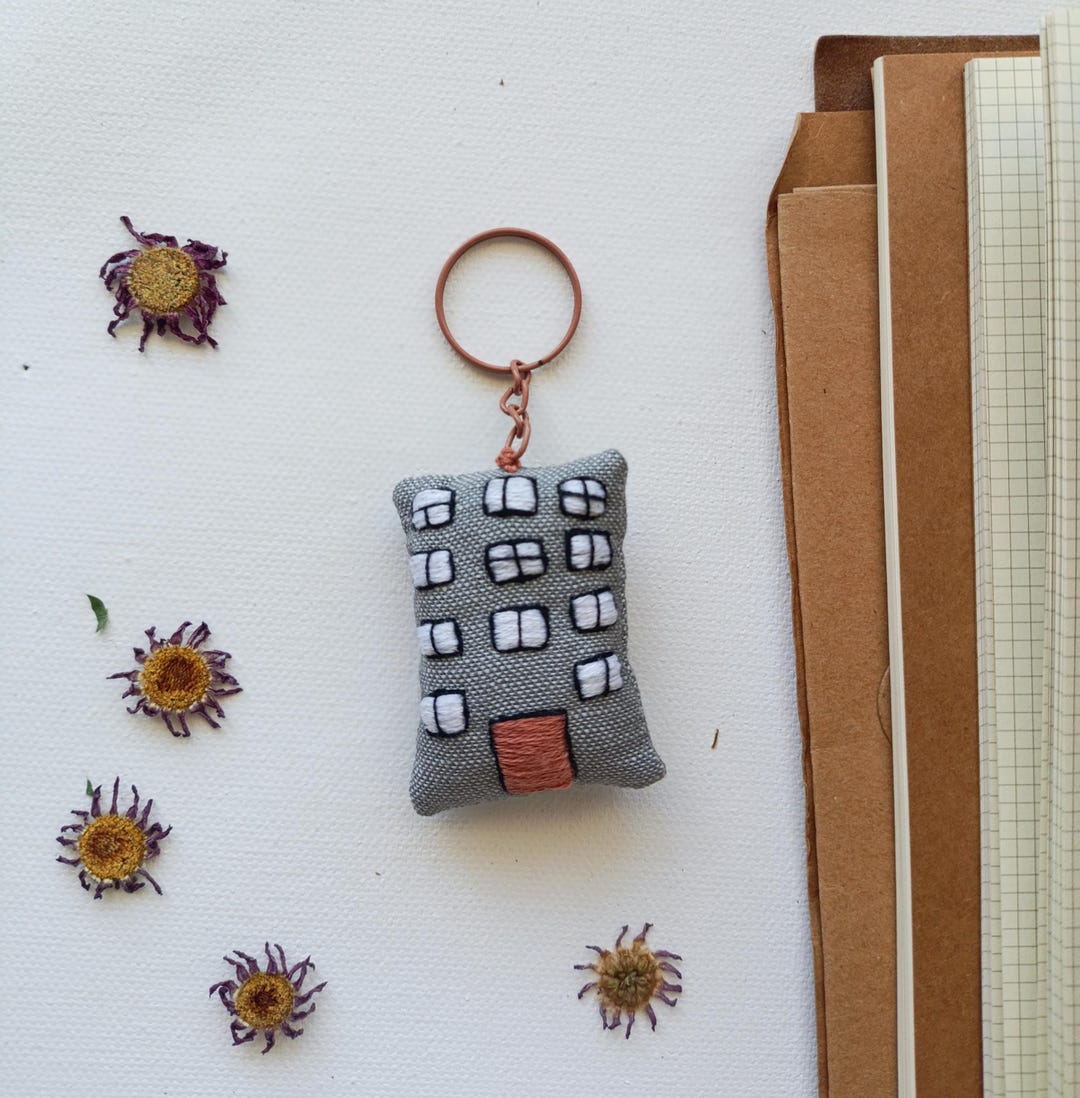 Handmade Linen Embroidered Keychain, Mini House Keyring, Textile Key ...