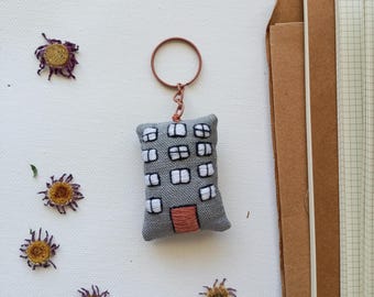 Handmade Linen Embroidered Keychain, Mini House Keyring, Textile Key Fob, Eco Friendly Gift, Apartment building
